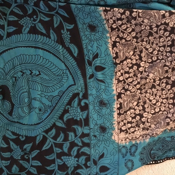 Stunning ! Blue, black KALAMKARI cotton blend SAREE SARI with Mirrors, tassles - Picture 7 of 8